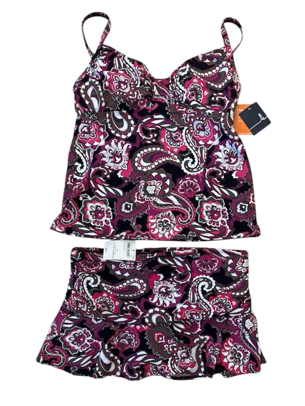Lands' End NWT Pink Black Paisley Tankini Swim Skirt Set Underwire Adjustable 8